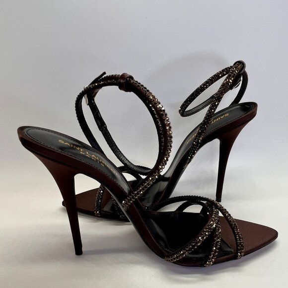 Saint Laurent Ava 105 Heels Size 38 Brown Crystal Embellished Stiletto Sandals - Picture 7 of 16